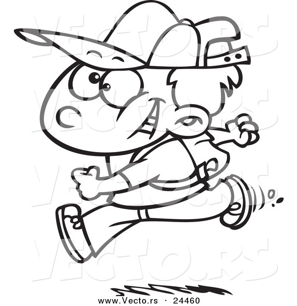 Vector of a Cartoon Boy Running on His First Day of School - Outlined Coloring Page