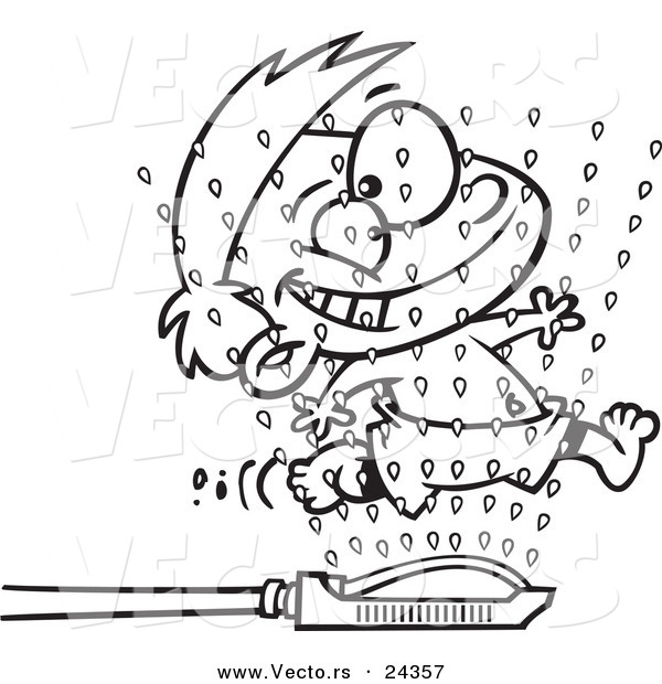 Vector of a Cartoon Boy Running Through Sprinklers - Outlined Coloring Page