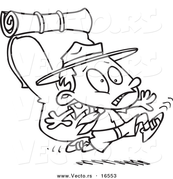 Vector of a Cartoon Boy Scout Running with a Big Back Pack - Outlined Coloring Page Drawing