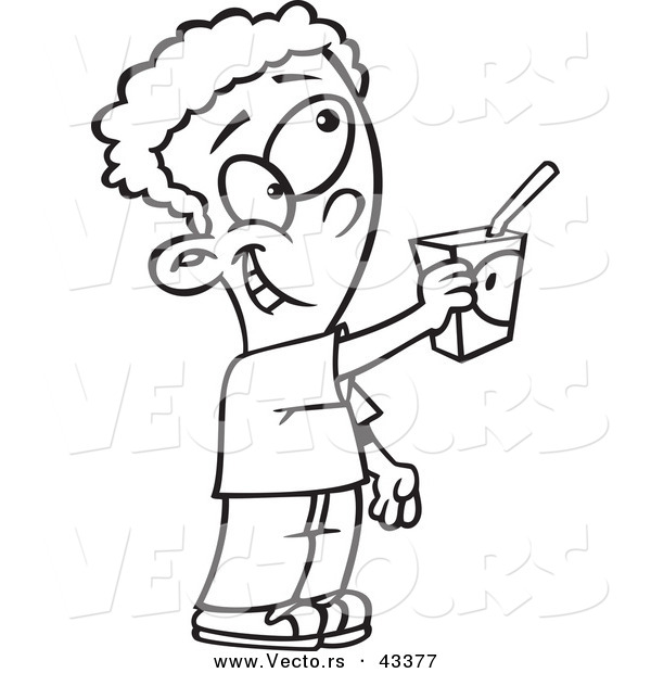 Vector of a Cartoon Boy Sharing His Juice Box - Coloring Page Outline