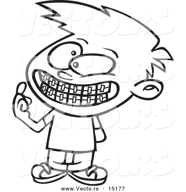 Vector of a Cartoon Boy Showing His New Braces - Coloring Page Outline