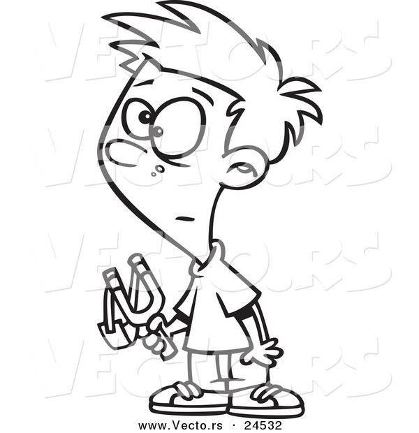Vector of a Cartoon Boy Standing with a Slingshot - Outlined Coloring Page