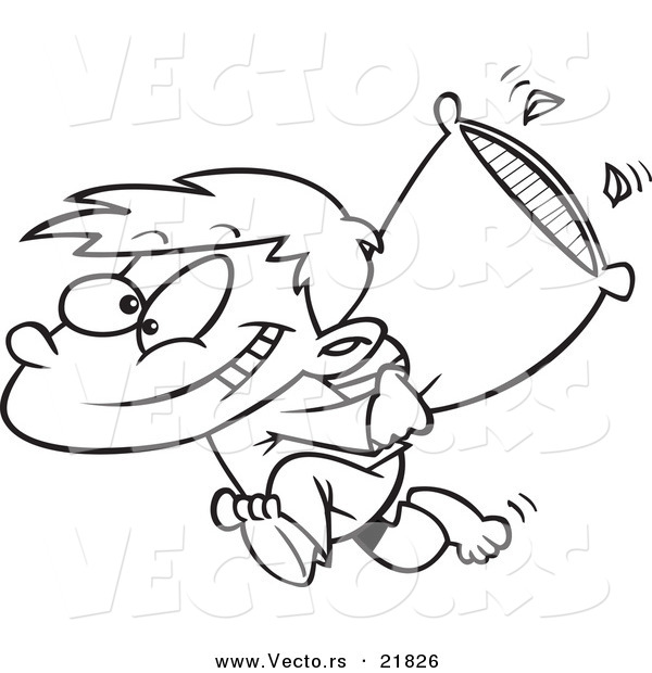 Vector of a Cartoon Boy Starting a Pillow Fight - Outlined Coloring Page