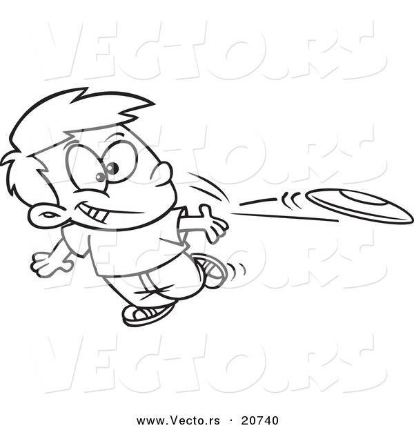 Vector of a Cartoon Boy Tossing a Frisbee - Coloring Page Outline