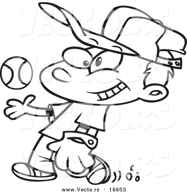 Vector of a Cartoon Boy Tossing and Catching a Baseball - Outlined Coloring Page Drawing