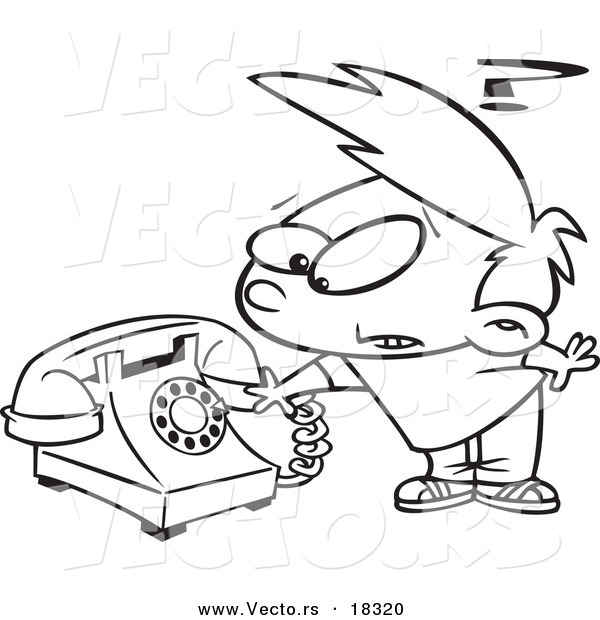 Vector of a Cartoon Boy Trying to Use a Rotary Phone - Outlined Coloring Page