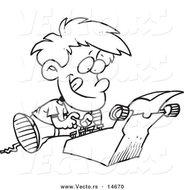 Vector of a Cartoon Boy Typing a Story on a Typewriter - Coloring Page Outline