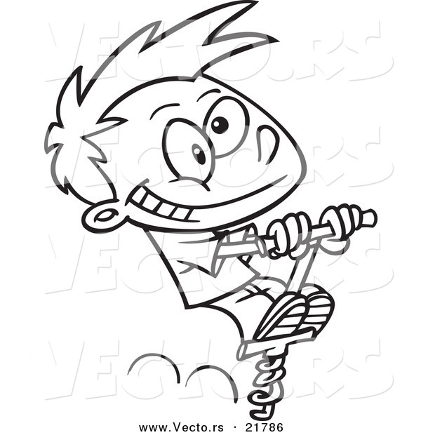 Vector of a Cartoon Boy Using a Pogo Stick - Outlined Coloring Page