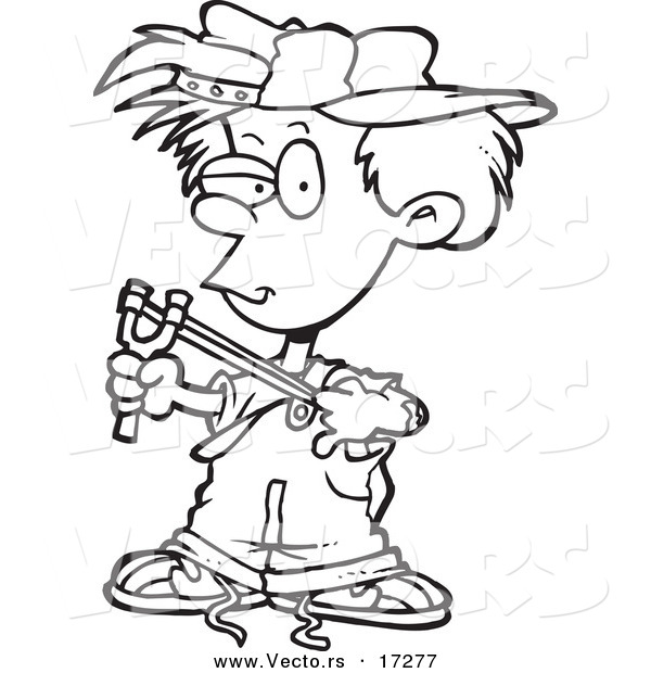 Vector of a Cartoon Boy Using a Slingshot - Coloring Page Outline