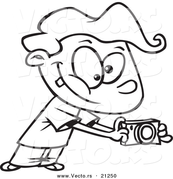 Vector of a Cartoon Boy Using His Camera - Coloring Page Outline
