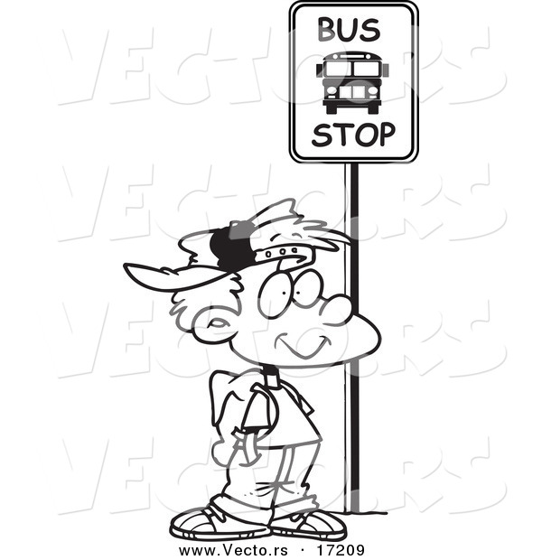 Vector of a Cartoon Boy Waiting at a School Bus Stop - Coloring Page Outline