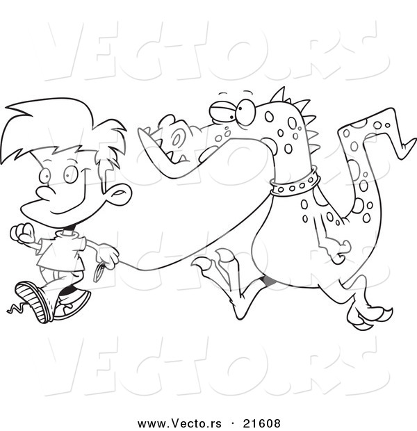 Vector of a Cartoon Boy Walking a Dragon - Outlined Coloring Page