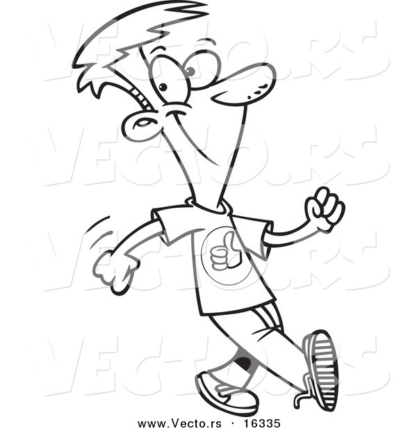 Vector of a Cartoon Boy Walking with a Good Attitude - Outlined Coloring Page Drawing