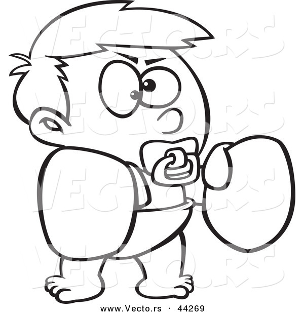 Vector of a Cartoon Boy Wearing Boxing Gloves and Sucking a Pacifier - Coloring Page Outline