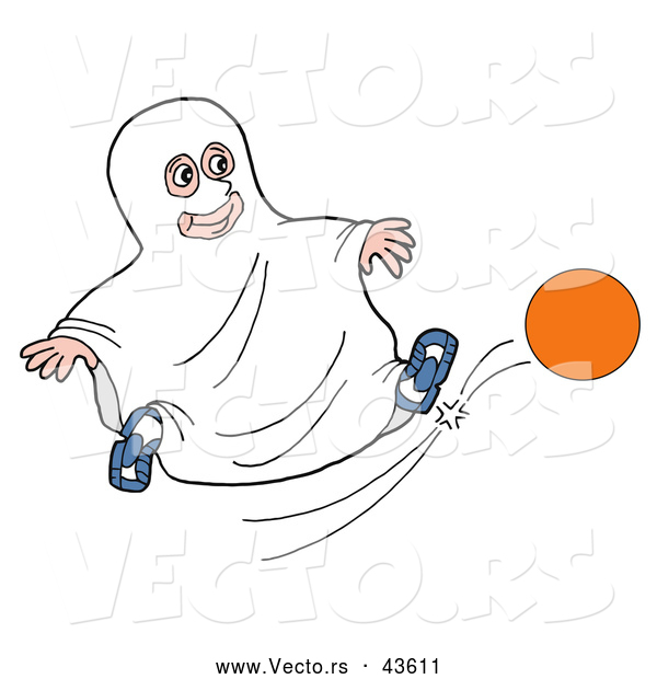 Vector of a Cartoon Boy Wearing Sheet Ghost Costume While Kicking a Ball