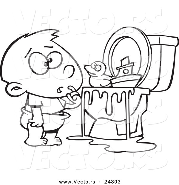 Vector of a Cartoon Boy with Toys in the Toilet Black and White Outline - Outlined Coloring Page