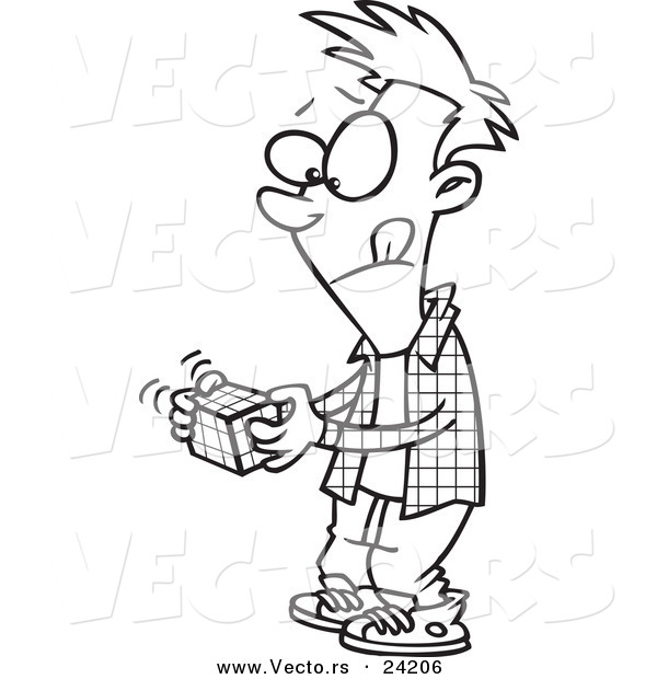 Vector of a Cartoon Boy Working on a Rubiks Cube - Coloring Page Outline
