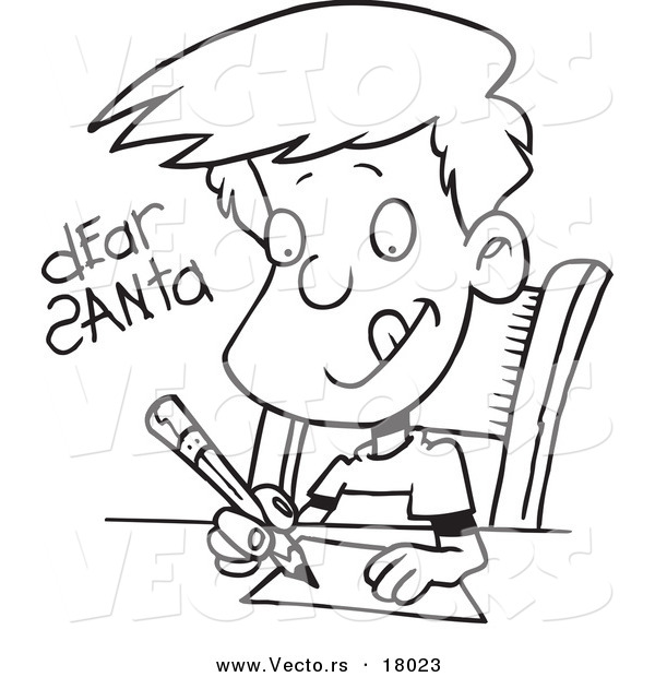 Vector of a Cartoon Boy Writing a Dear Santa Letter - Outlined Coloring Page