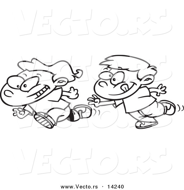 Vector of a Cartoon Boys Playing Tag - Coloring Page Outline