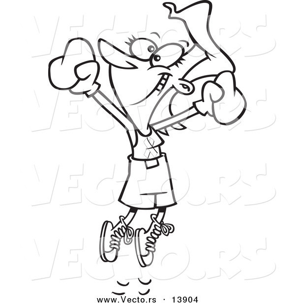 Vector of a Cartoon Breast Cancer Survivor Jumping with Boxing Gloves - Coloring Page Outline