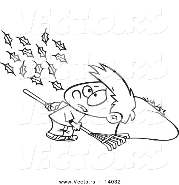 Vector of a Cartoon Breeze Blowing More Leaves on the Ground for a Boy to Rake up - Coloring Page Outline