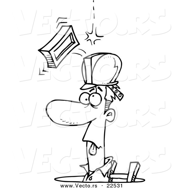 Vector of a Cartoon Brick Falling on a Construction Guy in a Man Hole - Coloring Page Outline