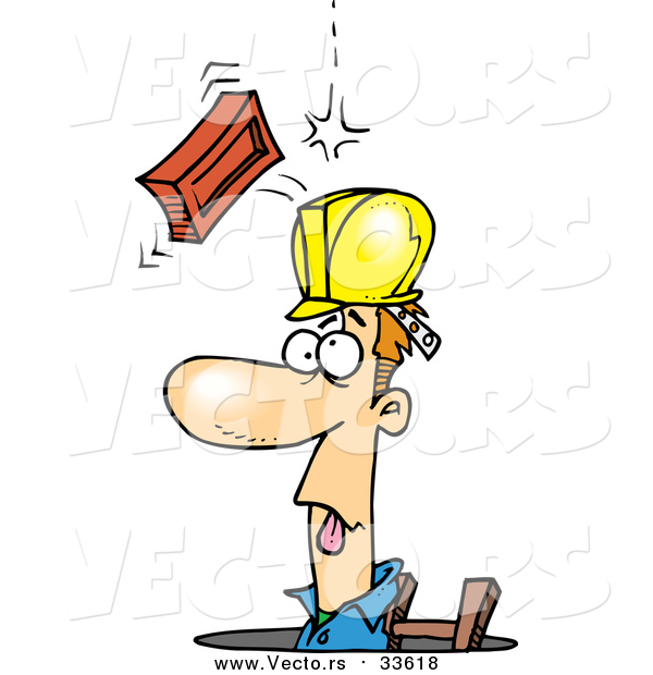 Vector of a Cartoon Brick Falling on a White Construction Guy in a Man Hole