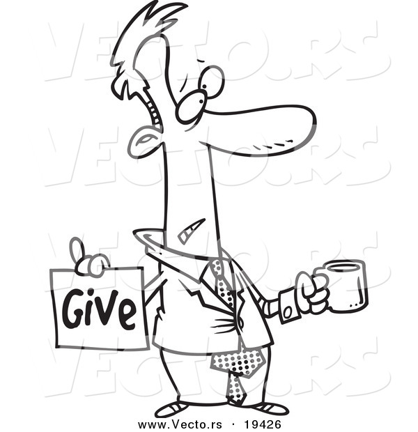 Vector of a Cartoon Broke Businessman Holding a Cup and Give Sign - Outlined Coloring Page