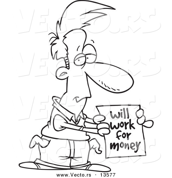 Vector of a Cartoon Broke Man Holding a Will Work for Money Sign - Coloring Page Outline