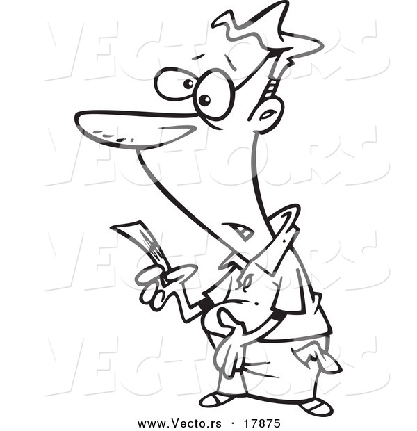 Vector of a Cartoon Broke Man Holding His Last Dollar - Outlined Coloring Page