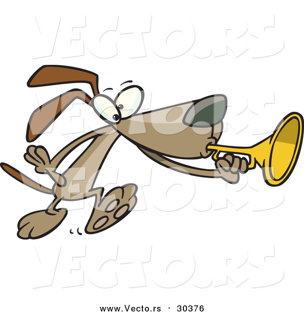 Vector of a Cartoon Brown Dog Playing a Horn
