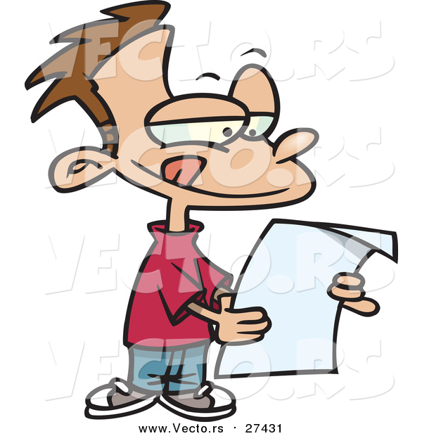 Vector of a Cartoon Brunette White Boy Reading a Letter