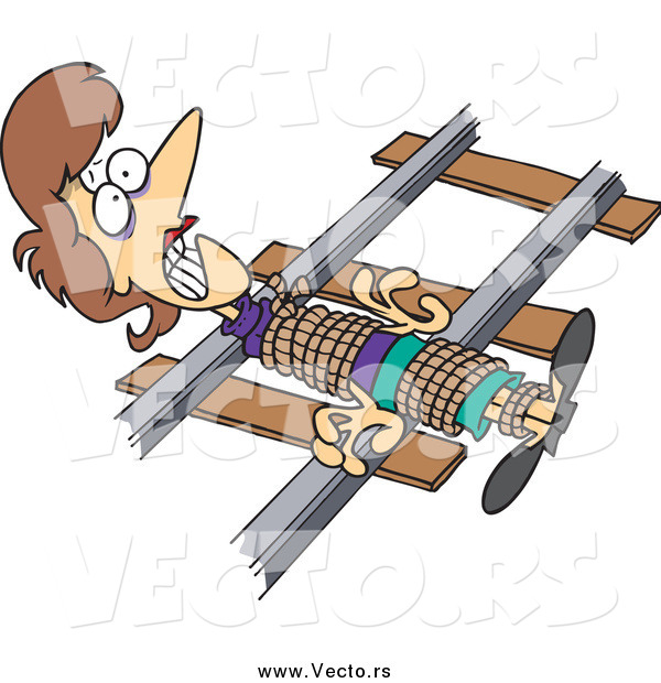 Vector of a Cartoon Brunette White Damsel in Distress, Tied to Railroad Tracks