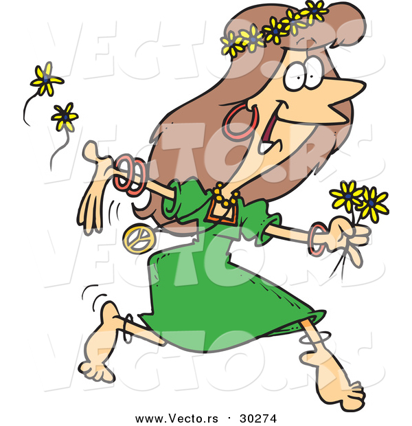 Vector of a Cartoon Brunette White Hippie Woman Running with Flowers