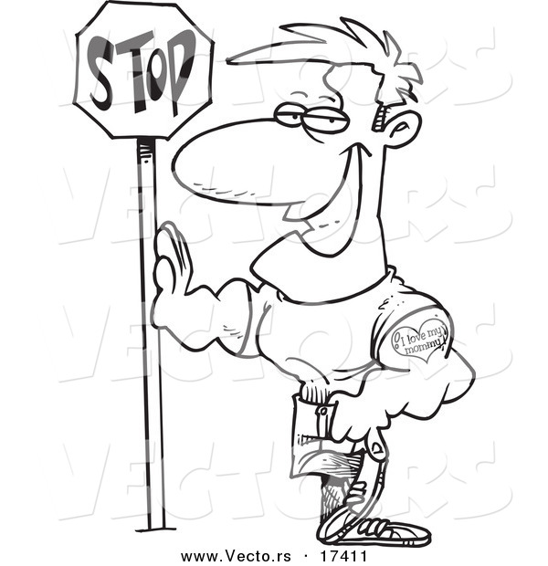 Vector of a Cartoon Buff Man Leaning Against a Stop Sign - Coloring Page Outline