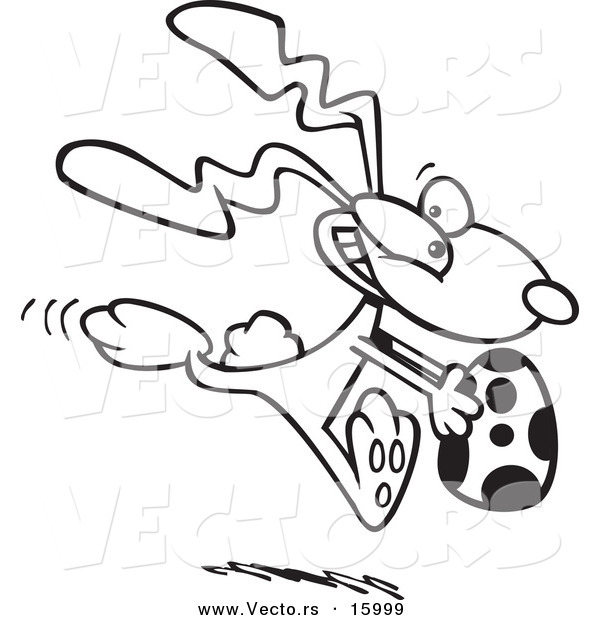 Vector of a Cartoon Bunny Running with an Easter Egg - Outlined Coloring Page Drawing