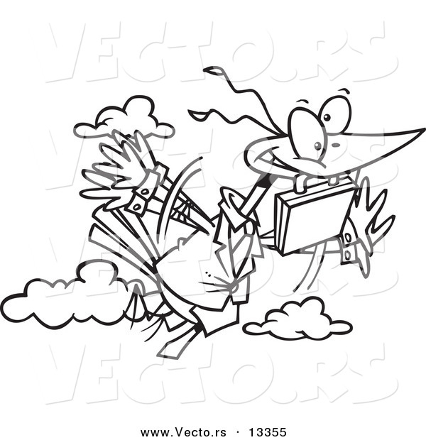 Vector of a Cartoon Business Bird Flying with a Briefcase - Coloring Page Outline