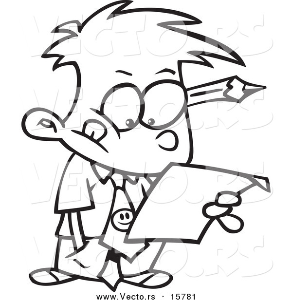 Vector of a Cartoon Business Boy Analyzing a Document - Outlined Coloring Page Drawing