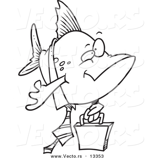 Vector of a Cartoon Business Fish Carrying a Briefcase - Coloring Page Outline