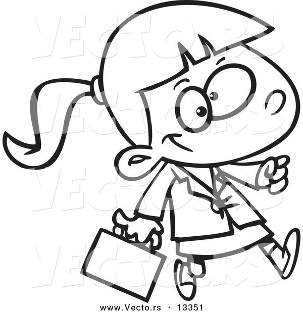 Vector of a Cartoon Business Girl Carrying a Briefcase - Coloring Page Outline