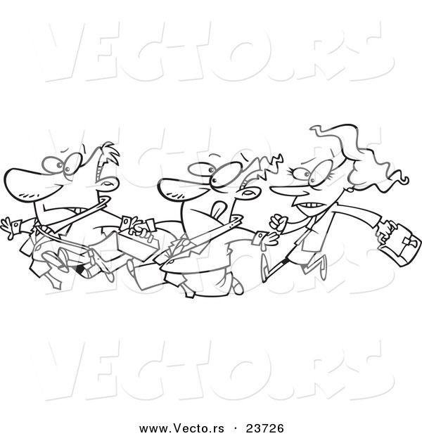 Vector of a Cartoon Business People Stampeding Forward - Coloring Page Outline