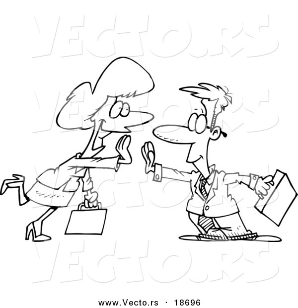 Vector of a Cartoon Businessman and Woman Giving High Fives - Outlined Coloring Page