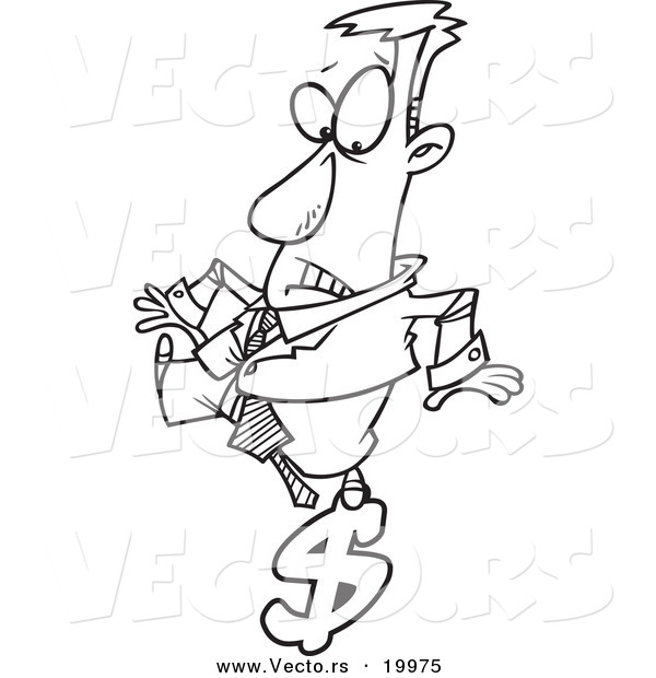 Vector of a Cartoon Businessman Balancing on a Dollar Symbol - Outlined Coloring Page
