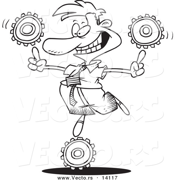 Vector of a Cartoon Businessman Balancing Technology Gears - Coloring Page Outline