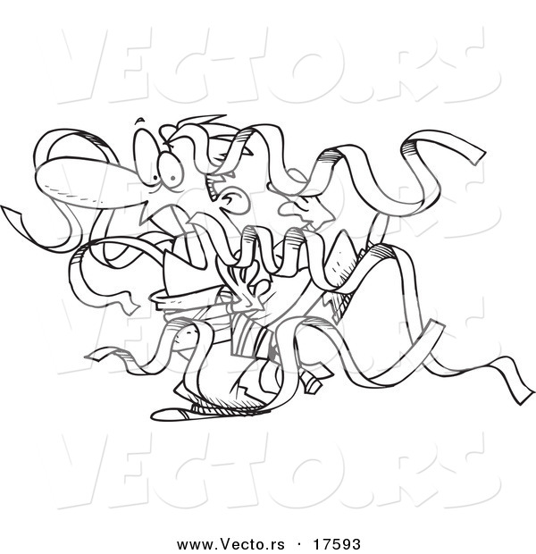 Vector of a Cartoon Businessman Being Attacked by Red Tape - Coloring Page Outline
