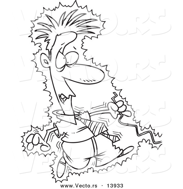 Vector of a Cartoon Businessman Being Electrocuted by a Wire - Coloring Page Outline