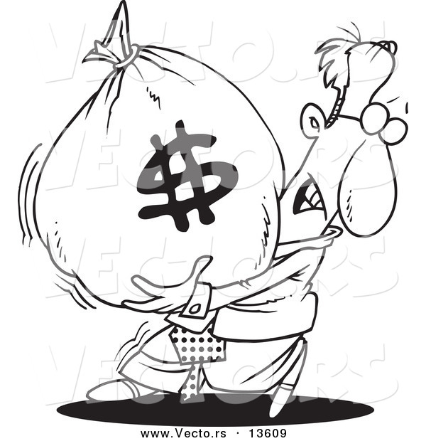 Vector of a Cartoon Businessman Carrying a Heavy Money Bag - Coloring Page Outline