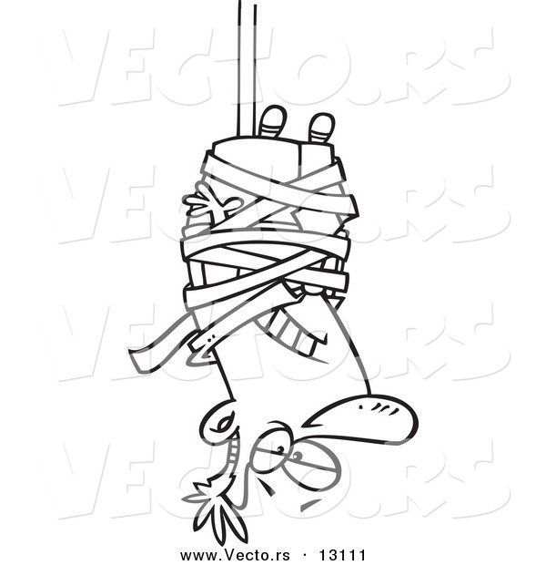 Vector of a Cartoon Businessman Caught Hanging Upside down in Tape Formalities - Outlined Coloring Page