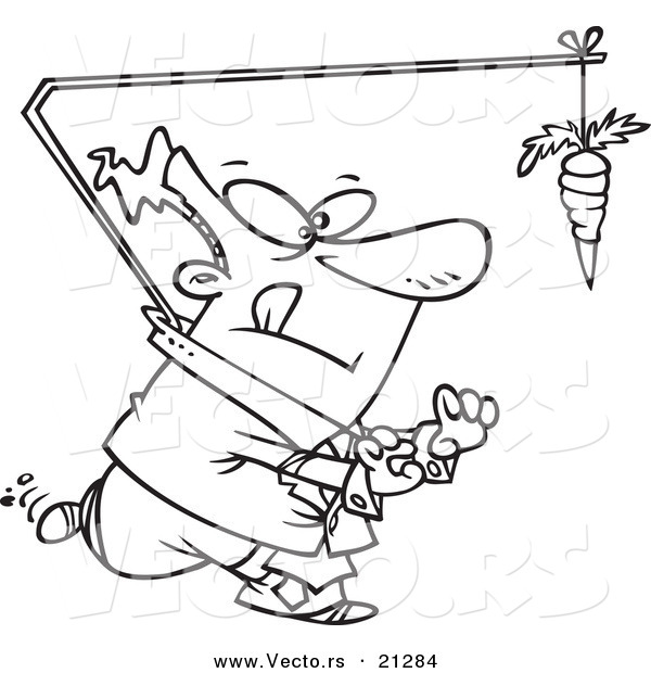 Vector of a Cartoon Businessman Chasing a Carrot Lead - Outlined Coloring Page
