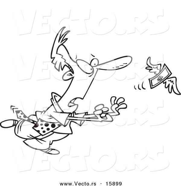Vector of a Cartoon Businessman Chasing an Elusive Flying Dollar - Outlined Coloring Page Drawing